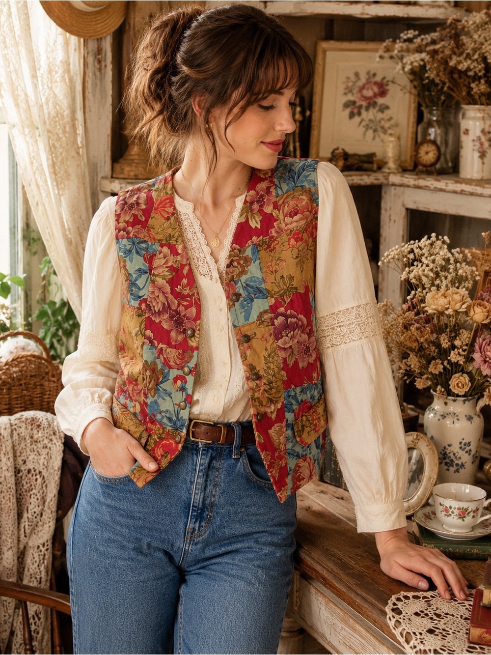 LIZ SPORT Vintage Floral Patchwork Vest Sz S Petite Gramdmacore Boho Cottagecore